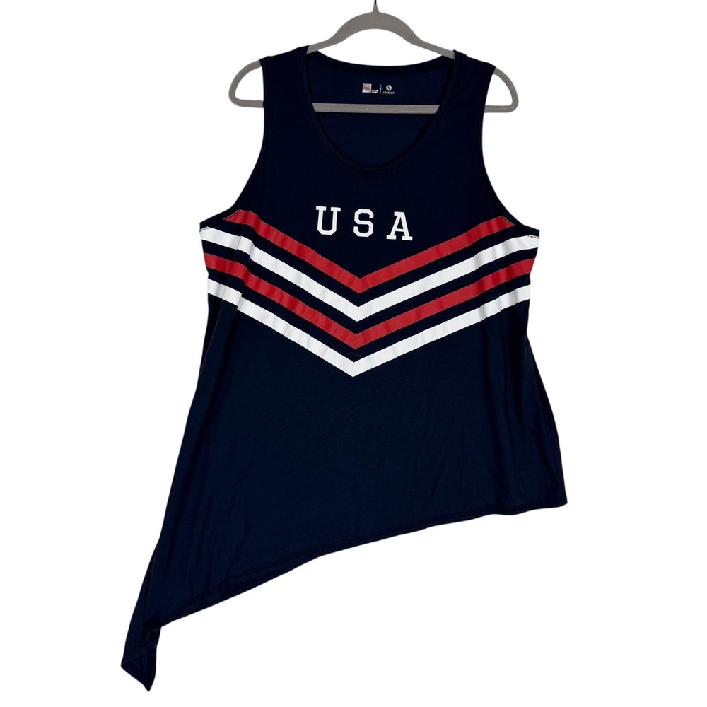Xersion Tank Top Womens 2XL Blue USA Chevron Asymmetrical Hem Patriotic Graphic